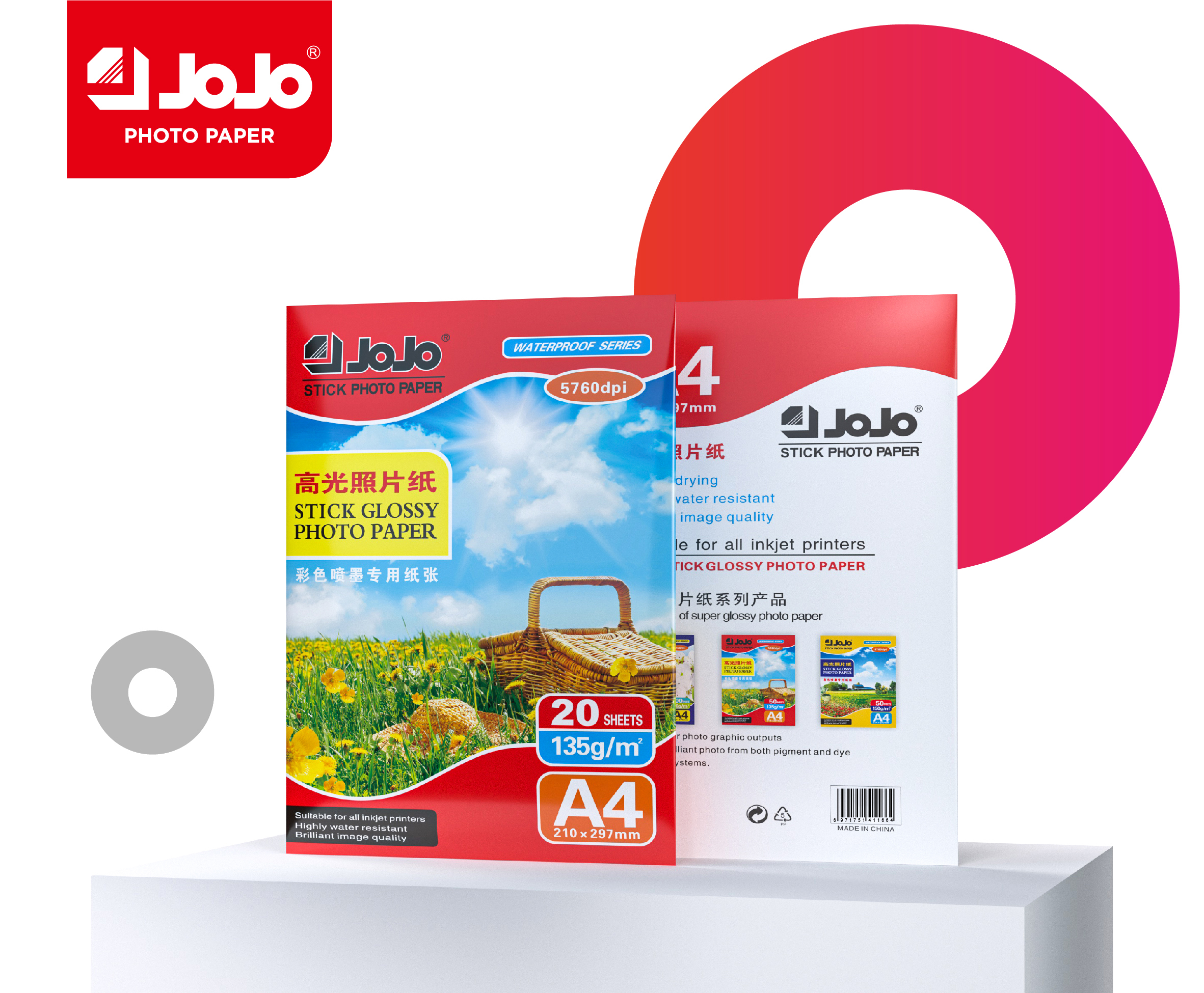 JS-1001-1 135G Single-Sided Sticker High Gloss Self-Adhesive Photo Paper with colour bag